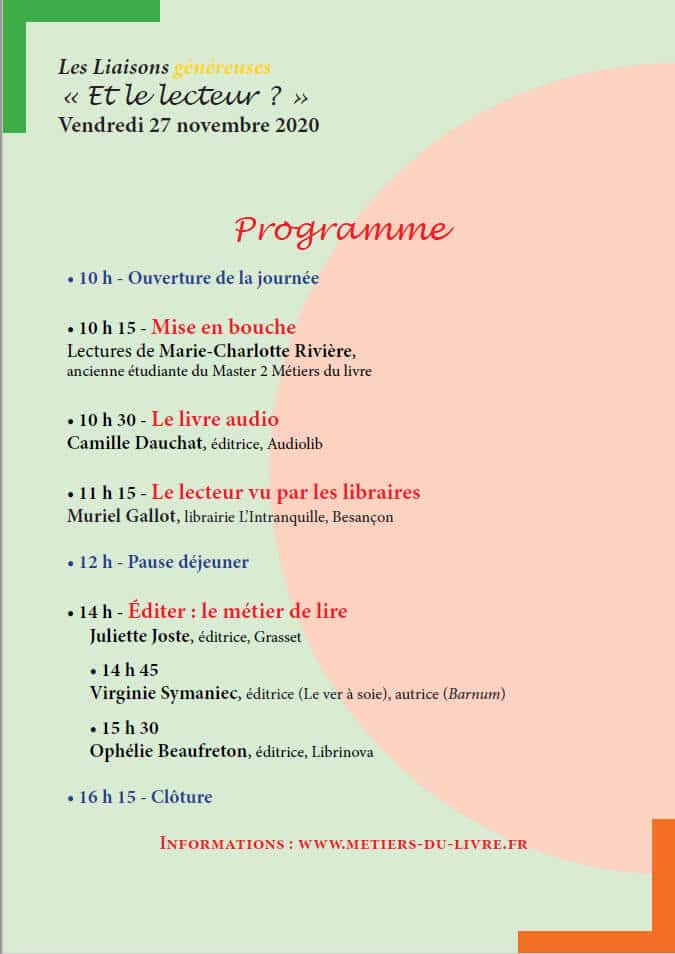 programme de la journée d'étude 2020 du master 2 métiers du livre à Dijon, intitulée "Et le lecteur ?"